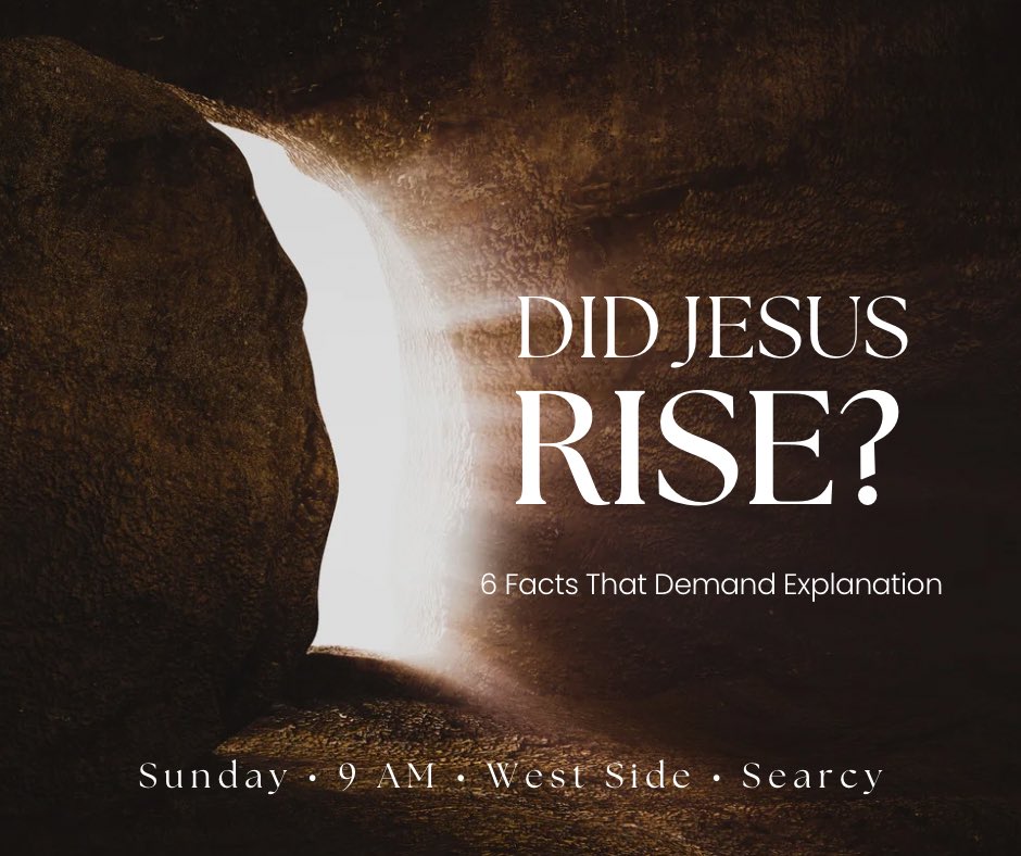 nathanpguy's tweet photo. A witnessed crucifixion. A sole burial tradition. An empty tomb. Claims of appearances. A long line of martyrs with a story.

What conclusion best fits the historical evidence? Come and see!

“Did Jesus Rise?” Sunday at 9 at West Side in Searcy. https://t.co/utcPIXgrOv