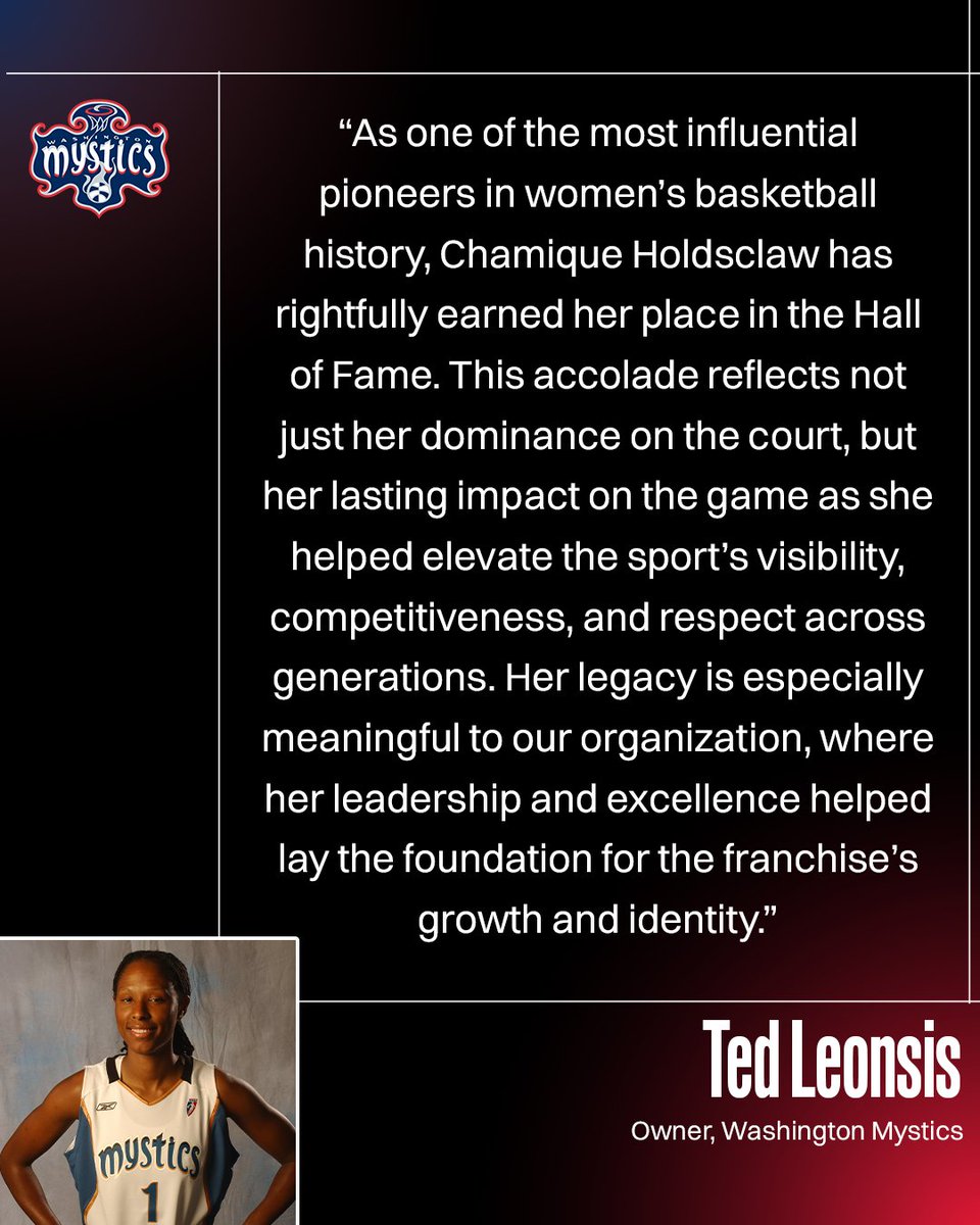 WashMystics's tweet image. "This accolade reflects not just her dominance on the court, but her lasting impact on the game as she helped elevate the sport's visibility, competitiveness, and respect across generations." 

Congratulations @Chold1!
