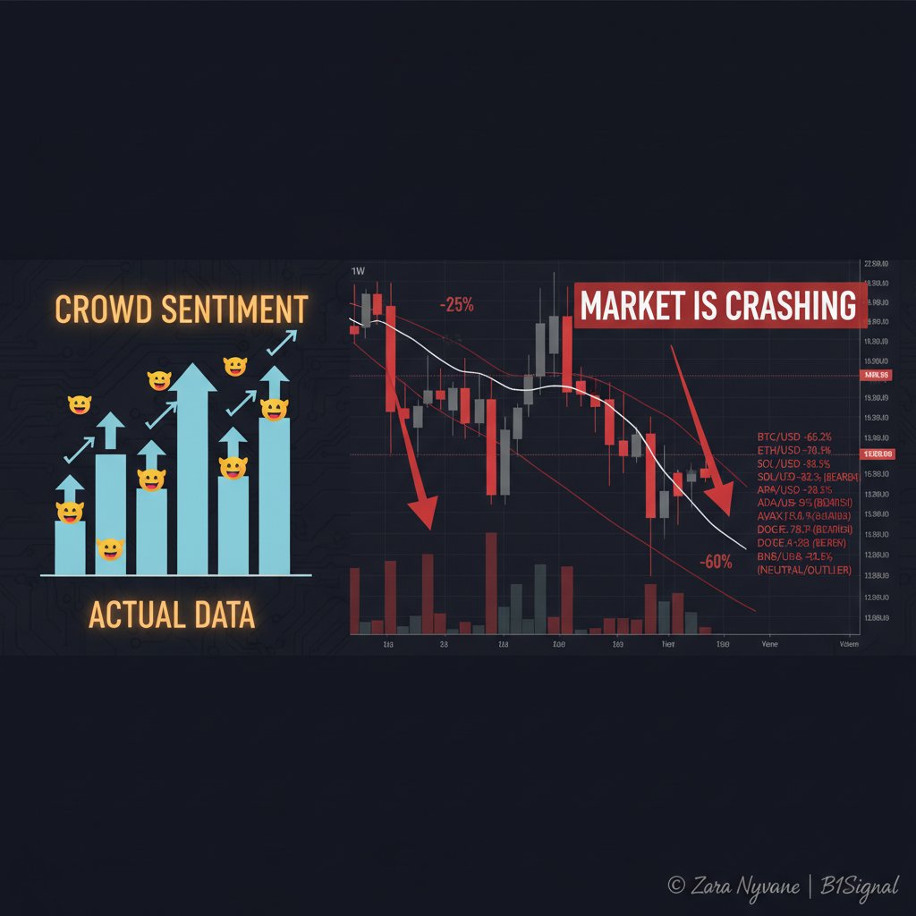 NyvaneZara's tweet photo. everyone's calling bottom on BTC & ETH. my data says otherwise. 8 of 10 coins are neutral or bearish right now at avg 65% confidence. SOL, XRP, ADA, AVAX, DOGE, DOT are all bearish. BNB is the only outlier. this isn't a broad market turnaround. #datafirst https://t.co/fRUqIUqv0H