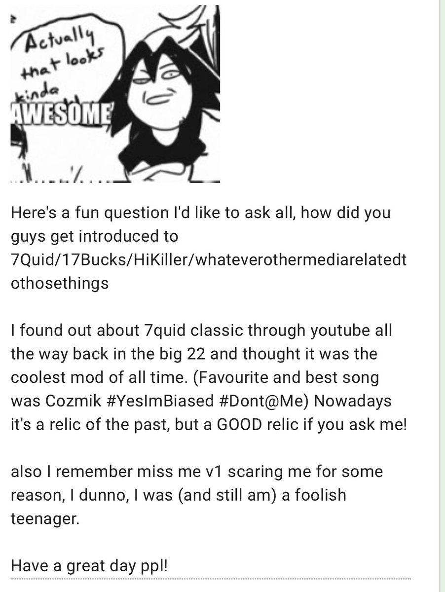 quidconfessions's tweet photo. “Here's a fun question I'd like to ask all, how did you guys get introduced to 7Quid/17Bucks/HiKiller/whateverothermediarelatedtothosethings

I found out about 7quid classic through youtube all the way back in the big 22 and thought it was the coolest mod of all time.— https://t.co/UVVMP979vL