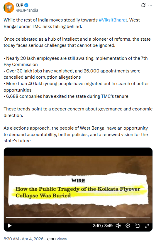 smitbhatt_'s tweet photo. A video has been tweeted from the BJP's X handle to criticize Mamata Didi’s TMC government. In this video, the headline of an article from the digital media outlet The Wire can be seen. It is worth noting that The Wire has been a strong critic of the BJP government... https://t.co/wVoS4vcZw9