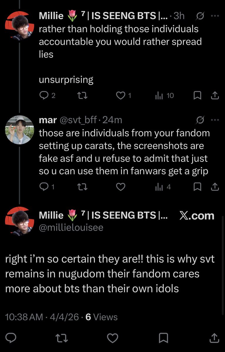 can’t even have a normal convo with them, the second they start losing the argument it turns to svt slander like clockwork. loser ass behavior.