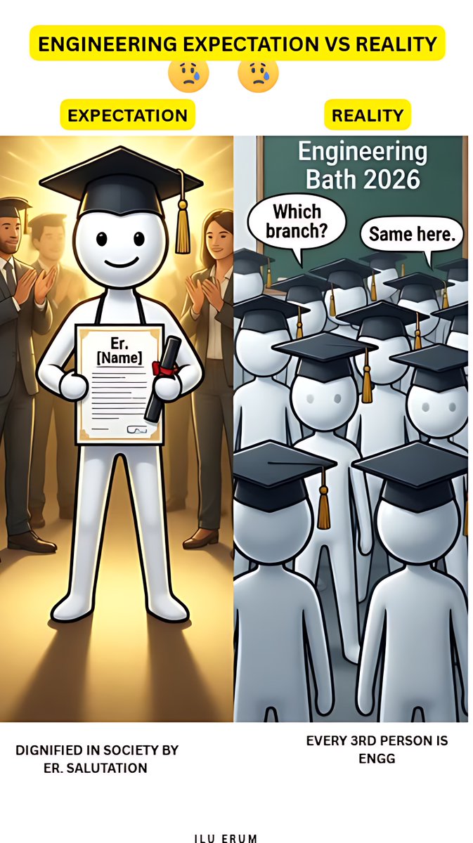 DECODING_PEACE's tweet image. College Expectation vs Reality  ❤️‍🩹🫶🥺

Expectation  : Dignified in Society by Er. Salutation
Reality : Every 3rd Person is Engg

#trending  #EngineeringLife #Relatable #StudentLife