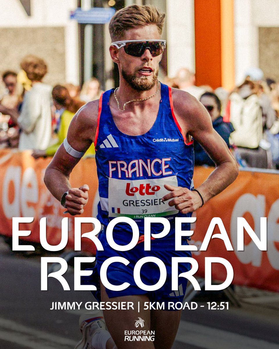 EuroAthletics's tweet photo. INCROYABLE! 😱🇫🇷

Jimmy Gressier sets a new European Record in the Men's 5km Road! 🏃💨

He storms through the streets of Lille in an incredible 12:51 - six seconds off the previous record and only two seconds off the World Record! 👏

#EARunning #5km #EuropeanRecord #Lille https://t.co/CRAww1cEmj