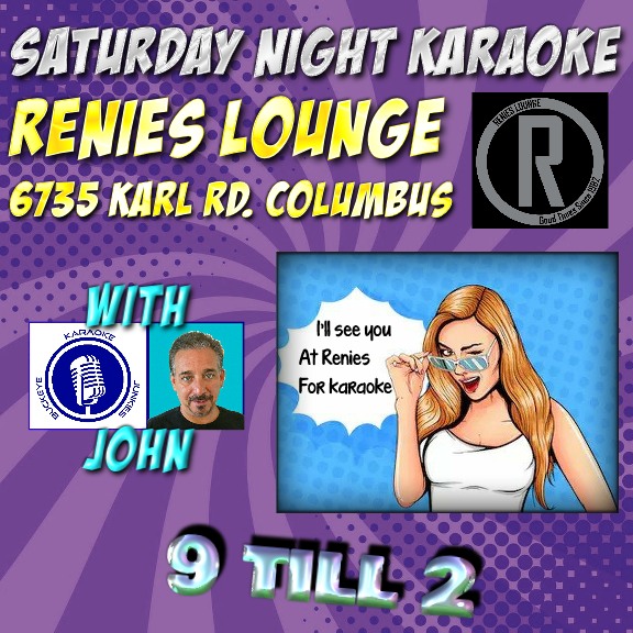 #karaokenight #saturdaynight Renies Lounge 6735 Karl Rd #ColumbusOhio
9 PM 'til 2 AM. Don't miss the party!
Awesome food #drinks and huge #karaoke song selection with KJ John

<a href="/ColsDispatch/">Columbus Dispatch</a> <a href="/CityScene/">CityScene Magazine</a> <a href="/CityScene/">CityScene Magazine</a>  <a href="/lifeincolumbus/">Life In Columbus</a>  #singers
buckeyekaraokejunkies.com/index.html