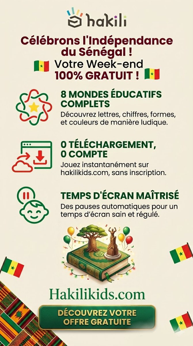 Hakilikids's tweet photo. 🇸🇳 Bonne fête de l'indépendance au #Sénégal ! 🎉

​Pour ce 4 avril, UN cadeau pour les enfants : un week-end d'apprentissage et jeux 100% GRATUIT sur https://t.co/8oqxxzsWmY

​Laissez-les explorer les 8 mondes éducatifs ludiques en toute sécurité et autonomie.

​#4Avril #kebetu https://t.co/tdgOTtNMsp