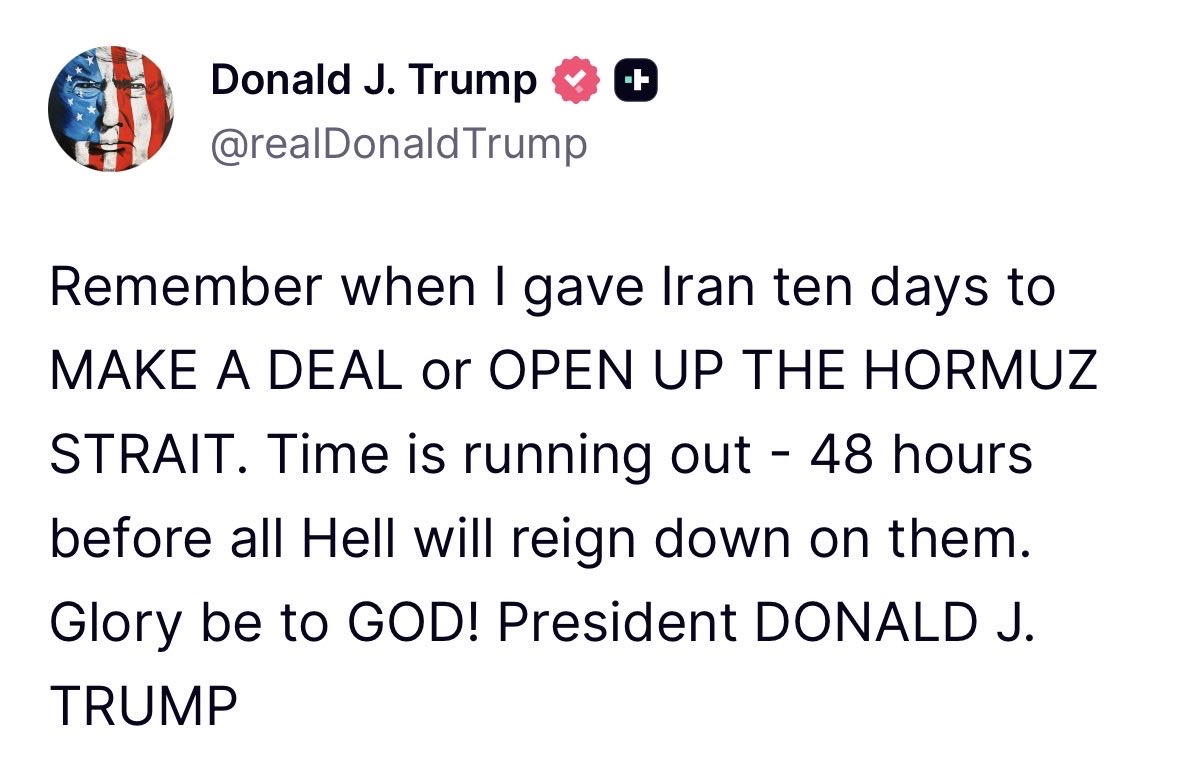 🦅 <a href="/POTUS/">President Donald J. Trump</a>: Iran’s Islamist Terror Regime has 48 hours left to open the Strait of Hormuz or make a deal before all Hell rains down on it.