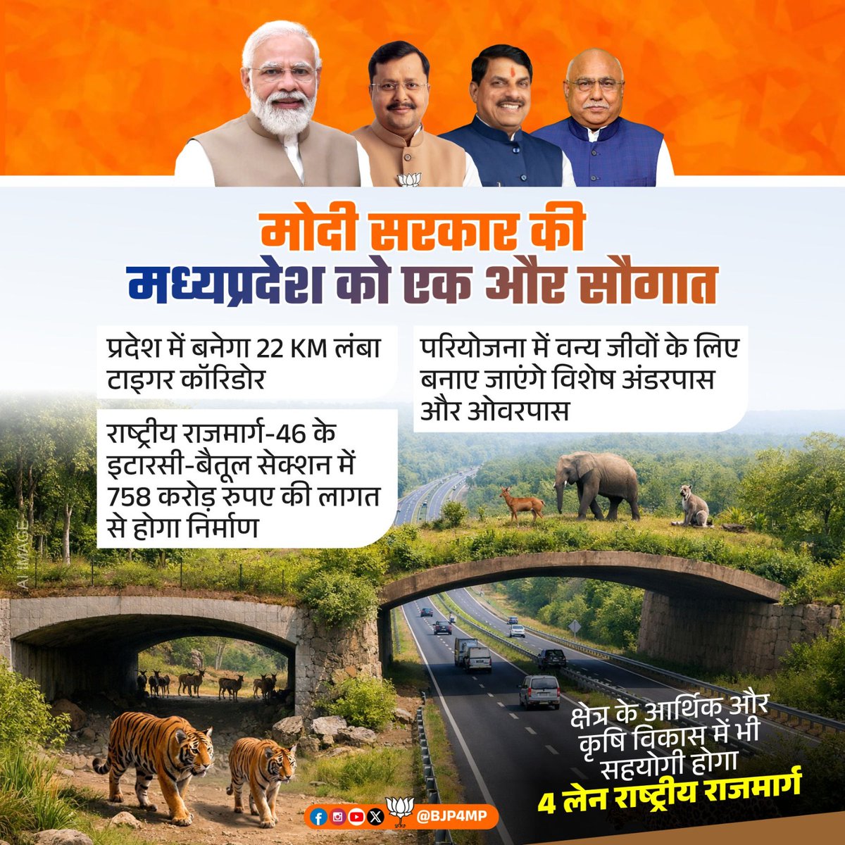 मोदी सरकार द्वारा मध्यप्रदेश को विकास की एक और बड़ी सौगात।

राष्ट्रीय राजमार्ग 46 के इटारसी-बैतूल सेक्शन में बनाया जाएगा 22 किमी लंबा टाइगर कॉरिडोर। वन्यजीवों की सुरक्षा के साथ ही क्षेत्र के विकास को मिलेगी नई रफ्तार।