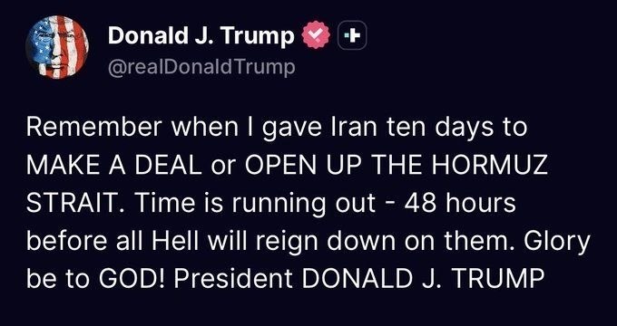 EretzIsrael's tweet image. Donald Trump, referring to the deadline he had previously set for the Islamic Republic, announced that time is running out and if Tehran does not take action, severe consequences await it. #StraitsOfHormuz