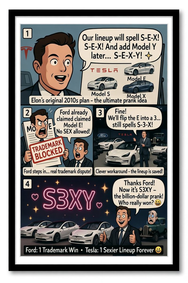 Every Tesla Owner is Officially S3XY.😍  
The greatest billion dollar troll in automotive history was Elon originally wanted to name the electric sedan Model E in 2010. But Ford blocked it want to kill Elon’s S-E-X lineup prank…  
Elon said “fine” — flipped the E into a 3, added