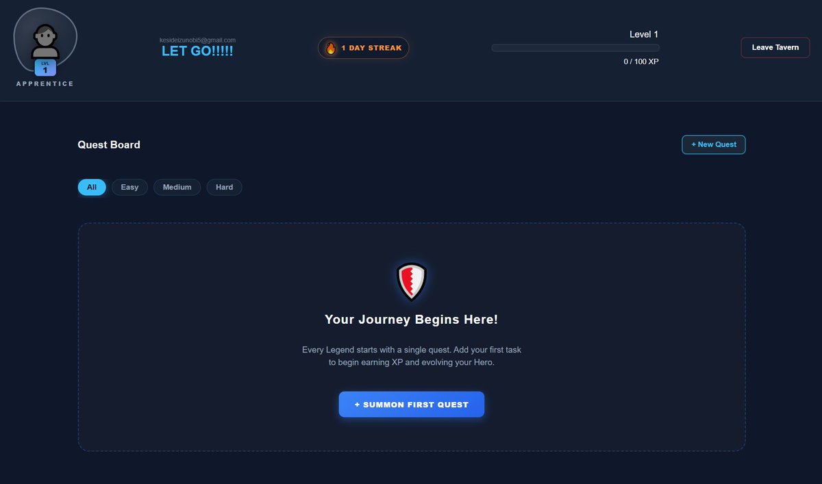 IzunobiKeside's tweet photo. Day 83 of #100DaysOfCode w/ @SarcasticGeek4u🛡️
17 days left! QuestLog is LIVE.🚀
Spent today fixing the "Empty Dashboard" vibe. Now new users get a themed UI to start their journey.⚔️
Check it out: 🔗https://t.co/WPVOYeMCmP
Immersion matters!
#BuildInPublic #GameDev #QuestLog https://t.co/CTU5hwBogR
