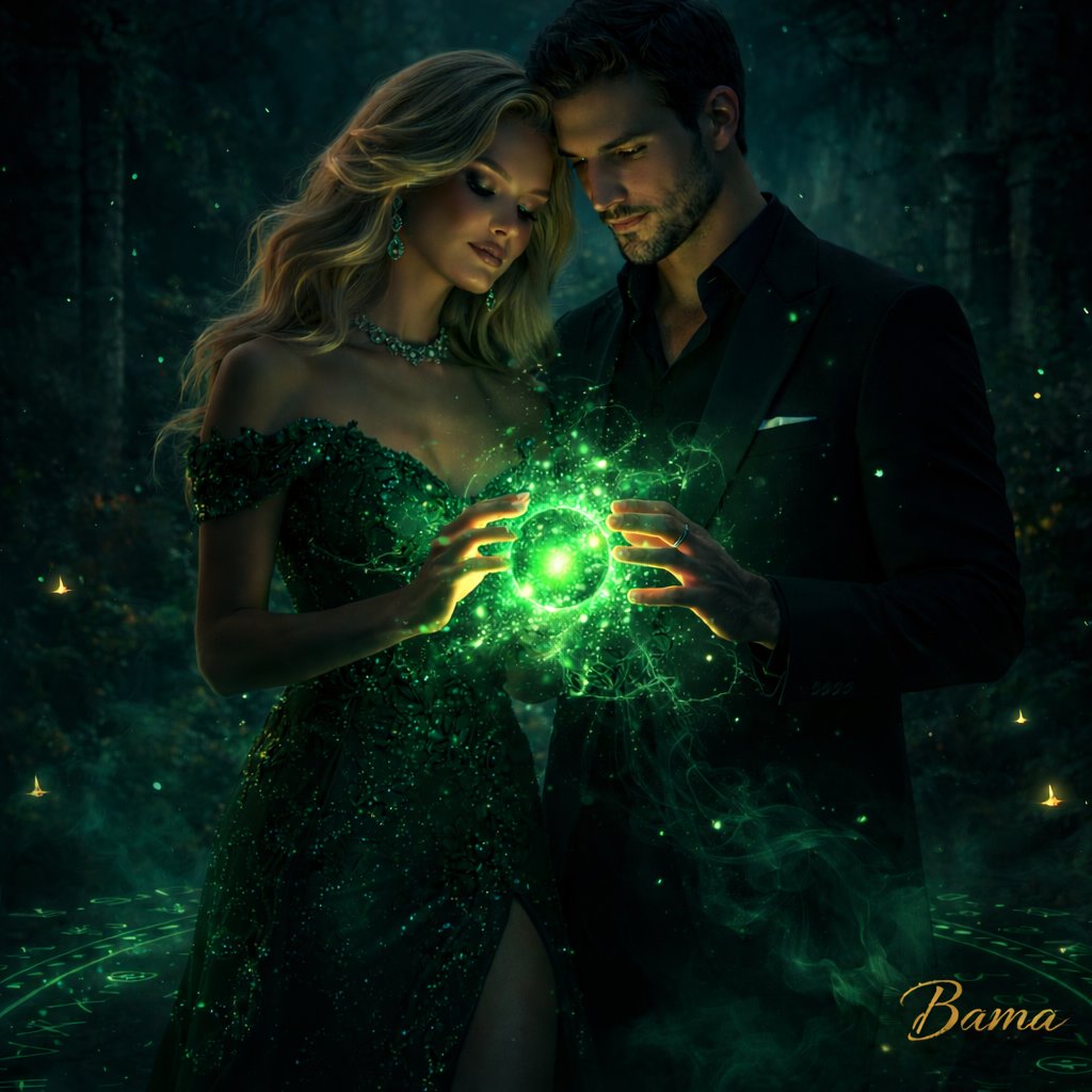 15Bamakimbo's tweet image. Creative Ai Space  
💚@JasonVitale14·· #AllThingsSpring  
April Challenge  #aiartcommunity
All Welcome to Join  
Day 4 Emerald Ritual (Couple) 

Emerald Ritual💚

In emerald glow their fingers meet,
a quiet pulse beneath the skin,
as ancient light begins to breathe
and stirs the