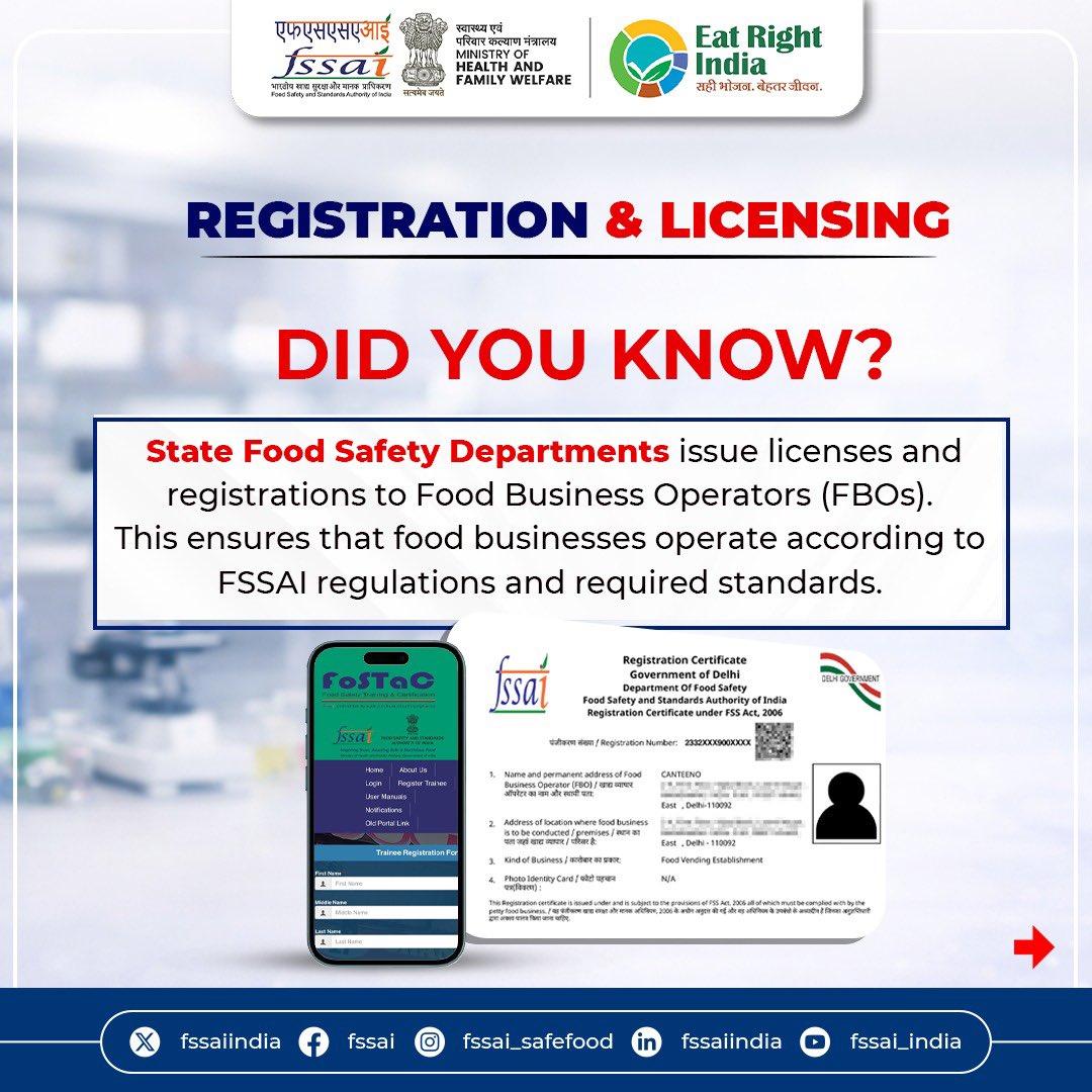 fssaiindia's tweet image. #DidYouKnow who regulates food businesses in your state?

State Food Safety Departments ensure that every FBO complies with FSSAI standards. Obtaining the necessary registration &amp;amp;  license is the first step towards responsible food handling &amp;amp; service. #GaurdiansofFoodSafety