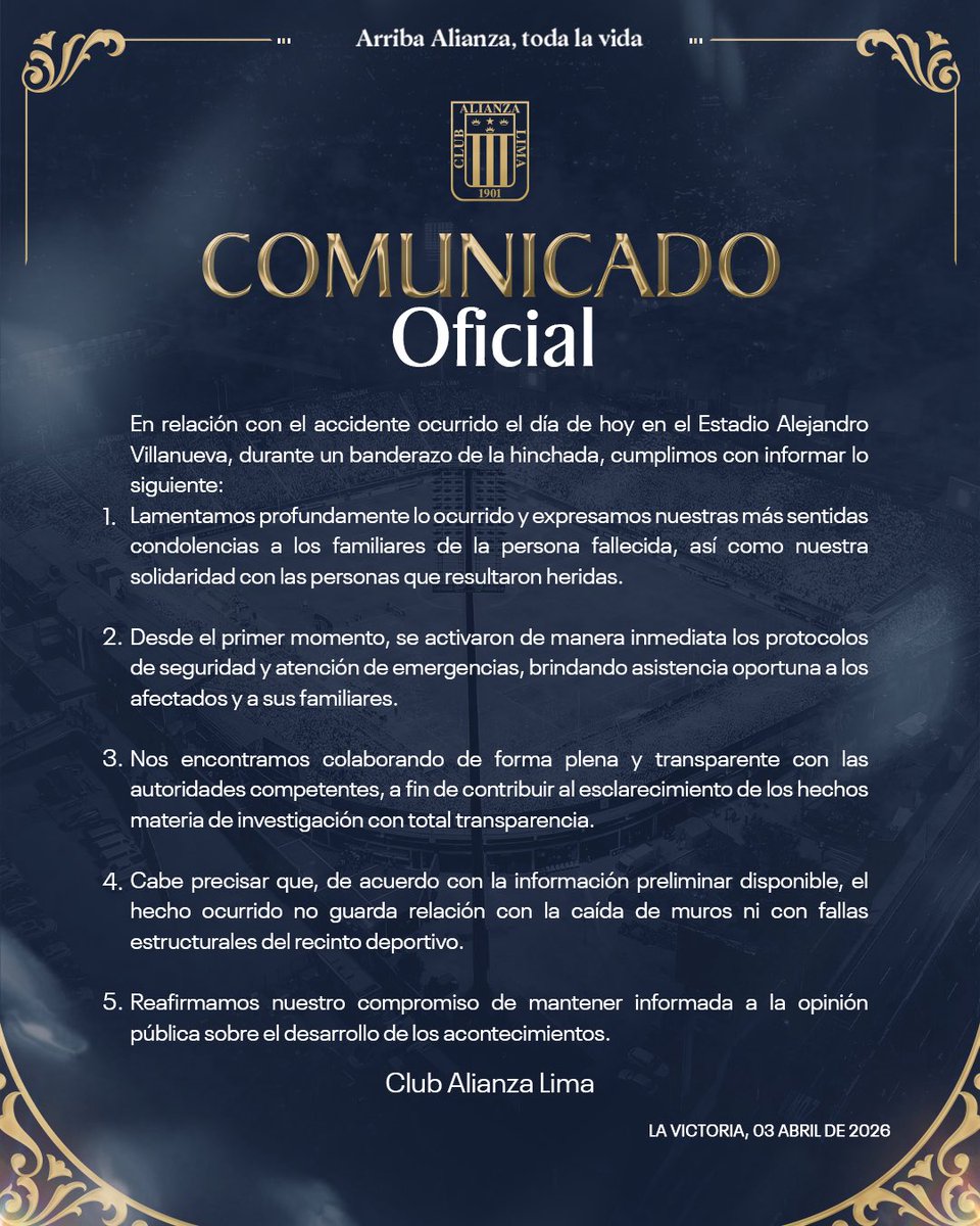 LosDeOriente99's tweet photo. Lo que todo era fiesta el día de ayer en Matvte, lamentablemente tuvo un final que nadie deseaba. Desde esta tribuna, enviamos nuestras condolencias para la familia y amistades de Freddy Rony Cornetero Cueva (39), un grone tribunero que acompañaba al club a todos lados con la batería de Amenaza Barrios Altos.

Asimismo, nos unimos a los mensajes de aliento y oraciones por los grones heridos. ESTE ES UN MOMENTO DONDE TENEMOS QUE ESTAR MÁS UNIDOS QUE NUNCA.

Q.E.P.D Rony. ¡Arriba Alianza TLV! 🙏🏽