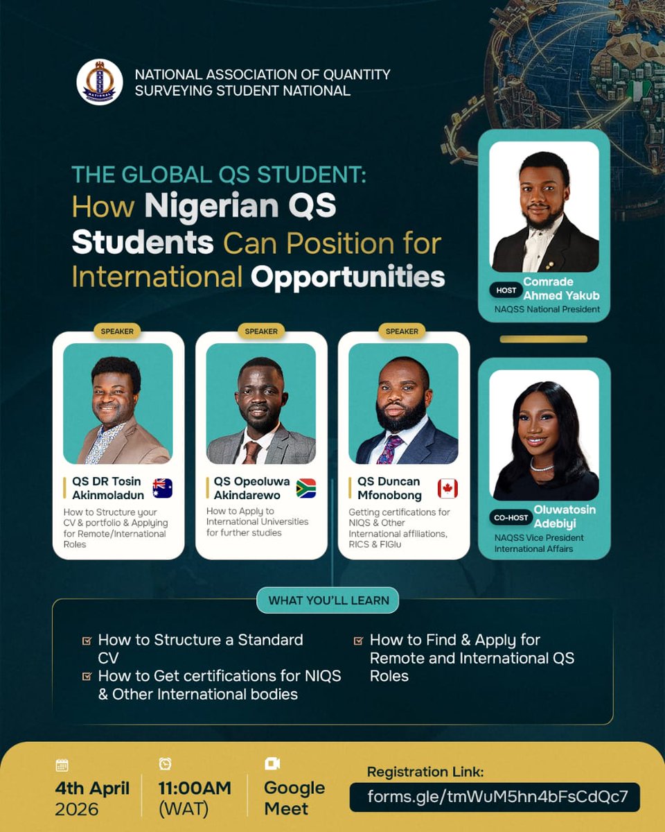 Junaedu_jj's tweet photo. Just attended an insightful webinar on how Nigerian QS students can position for international opportunities.

Key takeaway: only about 30% of what we need is learned in school the rest comes from real experience and self-development. https://t.co/RT6wY6RlID