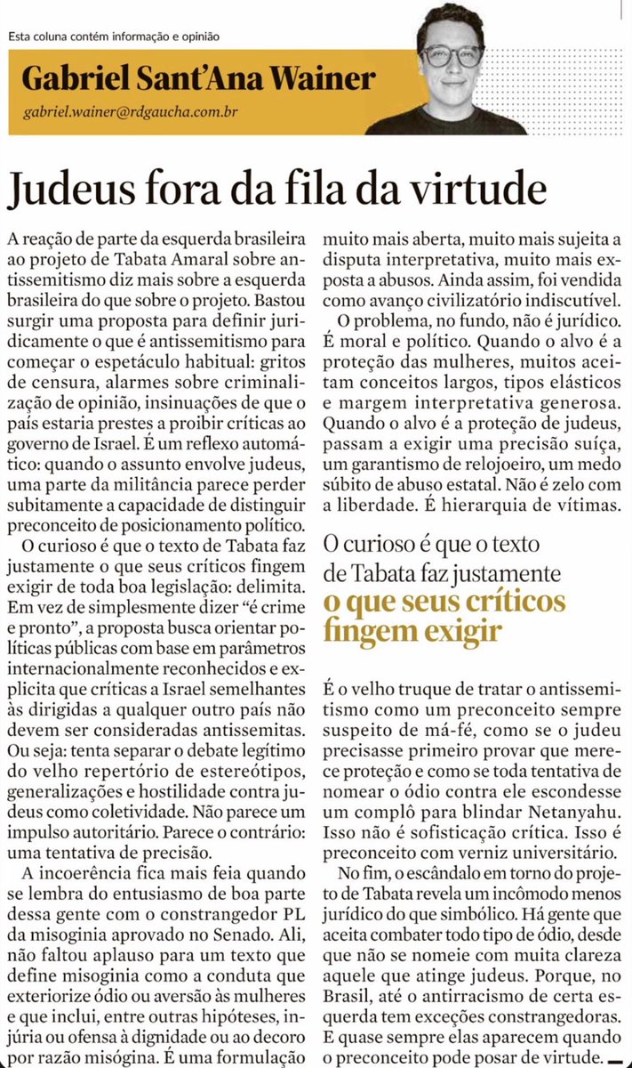 Gabriel Wainer (<a href="/gabrielswainer/">Gabriel Wainer 🇧🇷✡️</a>) escreveu o melhor resumo da reação da esquerda brasileira ao projeto de Tabata Amaral sobre antissemitismo.

Quando o alvo é a proteção de judeus, a esquerda brasileira descobre subitamente uma preocupação cirúrgica com precisão jurídica que nunca