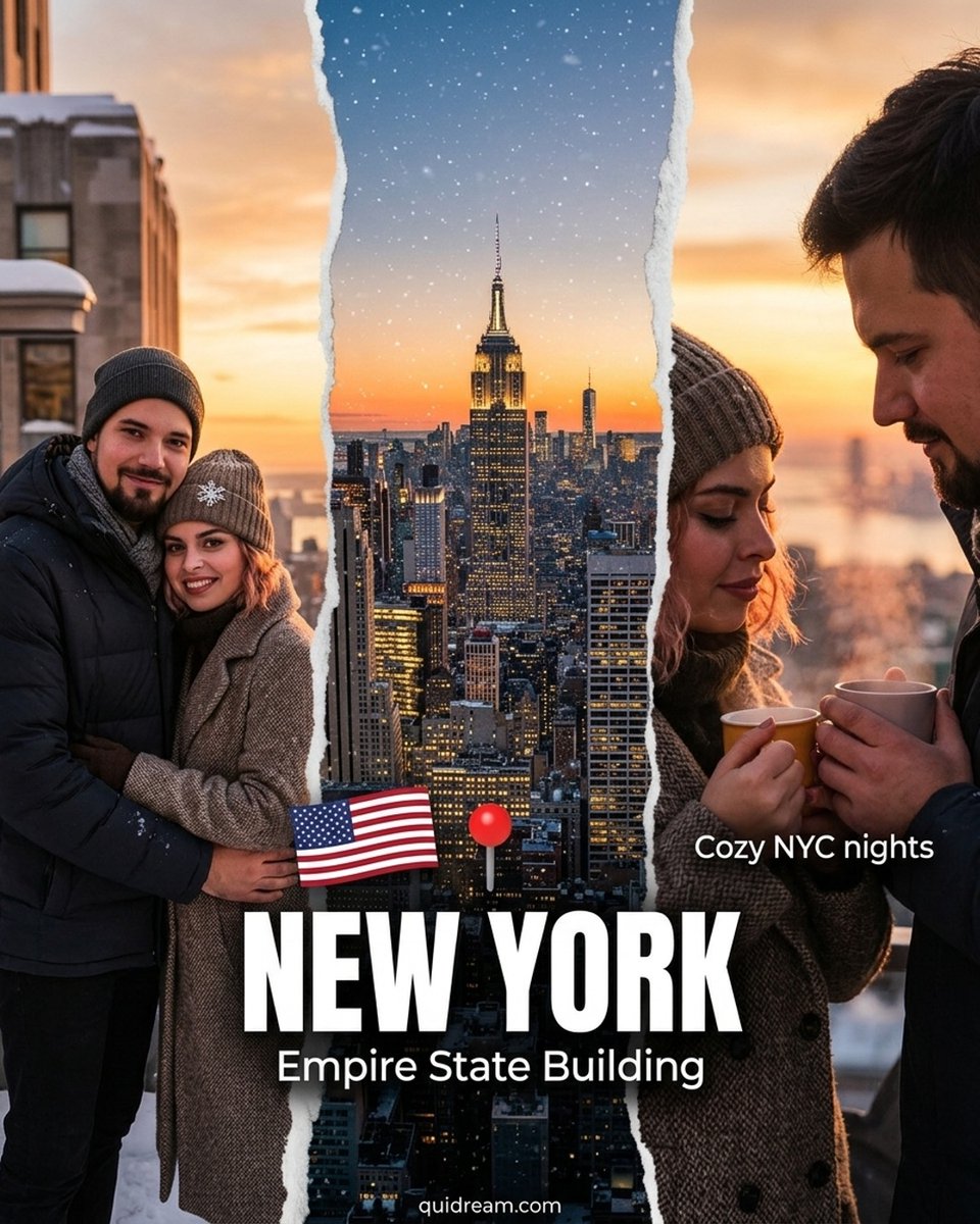 helloquidream's tweet image. Dreaming of a cold, snowy night by the New York, Empire State Building? Quidream makes planning your winter escape seamless. Discover, plan, and go!

Tap to explore.

#NewYork #TravelApp #WinterTravel #NYC #BucketList