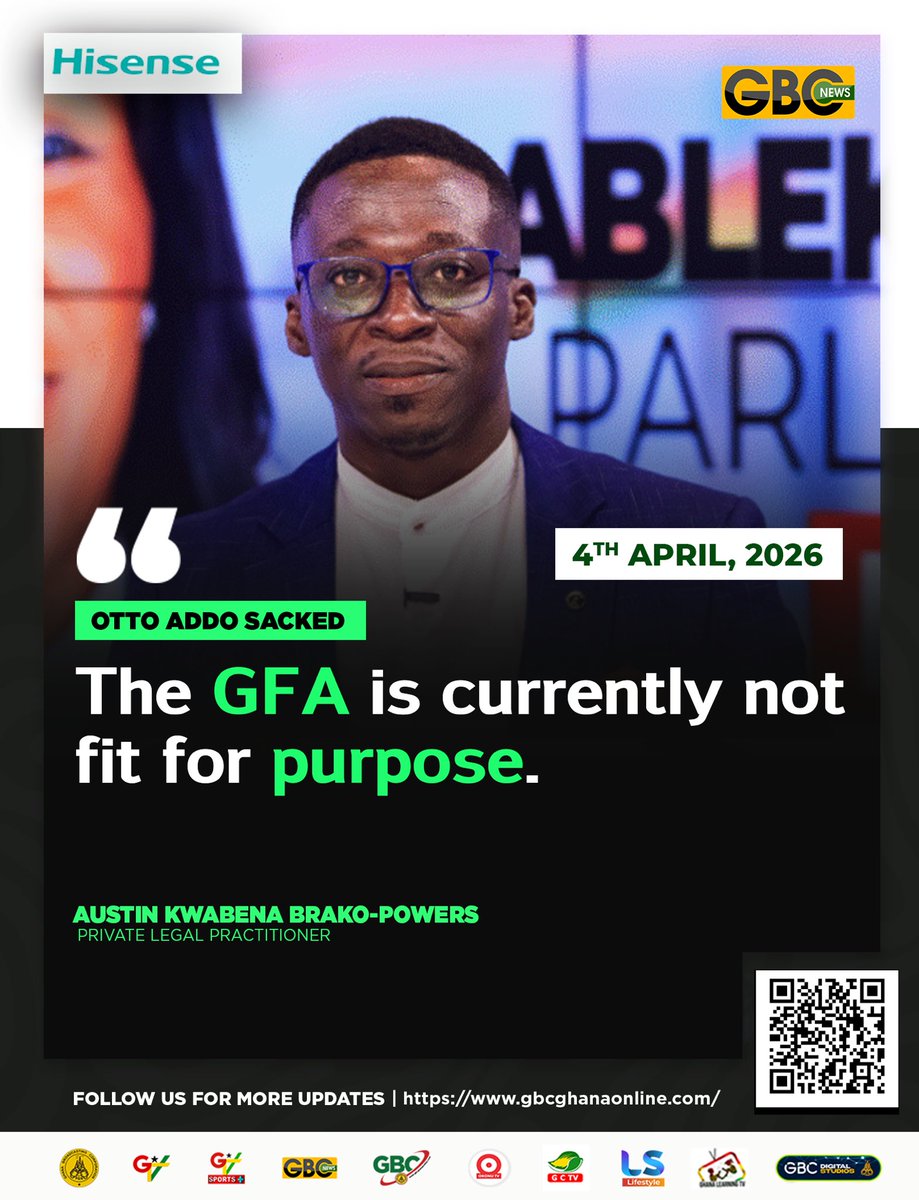 GTV_Ghana's tweet photo. “The GFA is currently not fit for purpose." — Private Legal Practitioner, Austin Kwabena Brako-Powers, shares his blunt take on the state of Ghana's football governing body following Otto Addo's dismissal. 🇬🇭⚽️
#GFA #BlackStars #GhanaFootball #OttoAddo #GBCNews https://t.co/kaS8C222hh