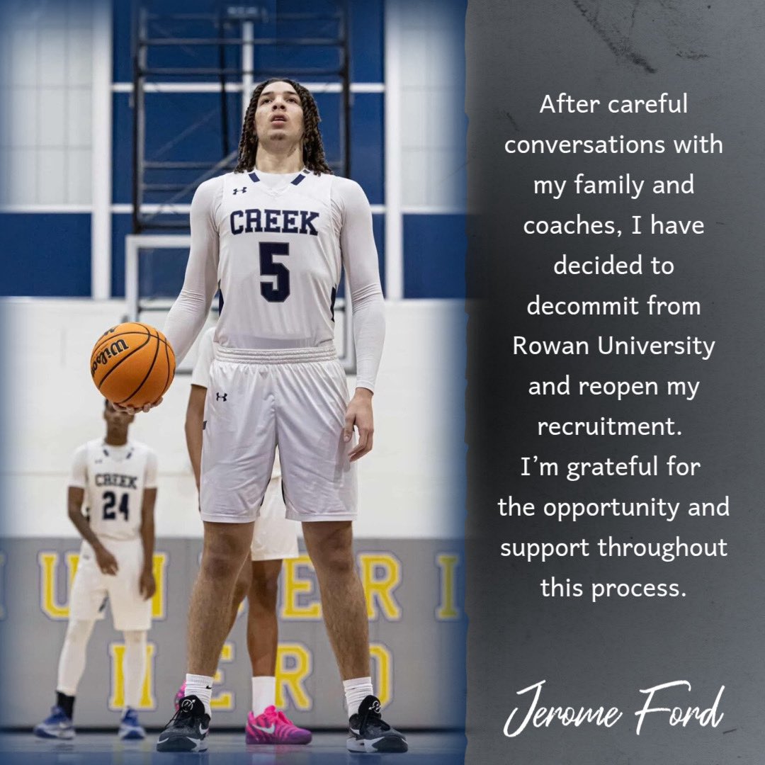 jeromeford2026's tweet photo. After careful conversations with my family and coaches, I have decided to decommit from Rowan University and reopen my recruitment. I’m grateful for the opportunity and support throughout this process.#decommitted #recruitment #collegebasketball #grateful #blessed https://t.co/lry67psfQ8