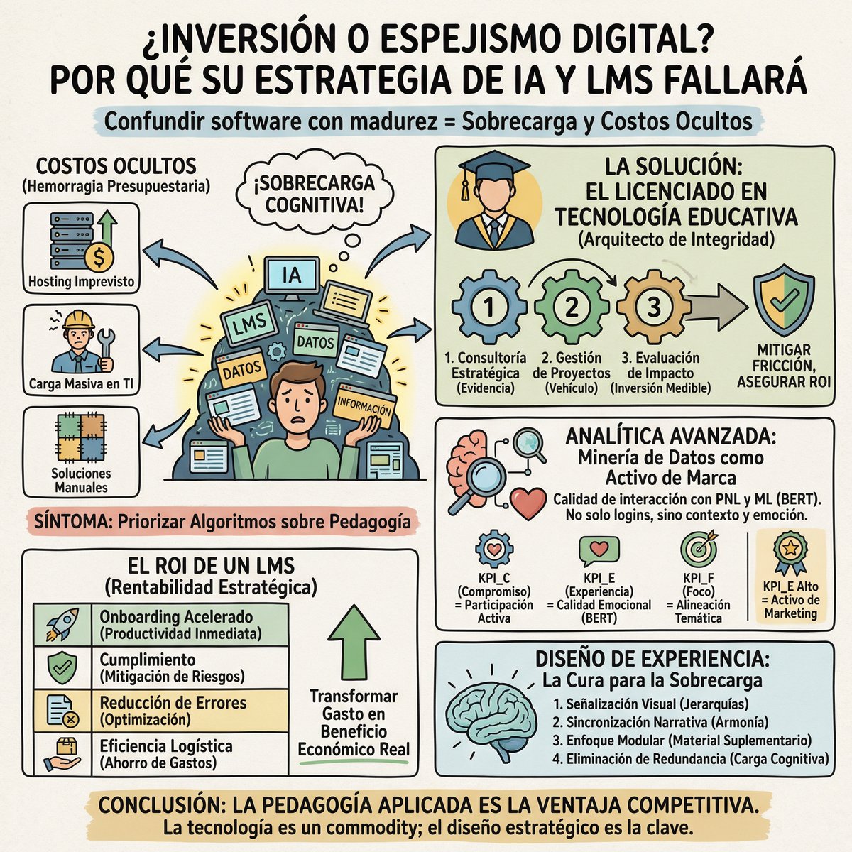 En la carrera digital, muchas organizaciones confunden acumulación de software con madurez operativa. El resultado: infoxicación, costos ocultos y ROI negativo. La clave no está en más algoritmos, sino en la intervención de un Licenciado en Tecnología Educativa, capaz de auditar,