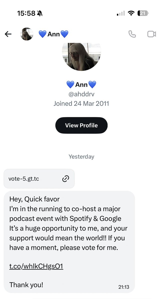 _Meliora_60's tweet image. Whatever you do, if you receive it, don’t open this DM from Ann, her account has been hacked and the link will allow the scammers to gain control of your own account @Support @X are you going to sort this mess out, at this juncture you’re all next to useless! #ScamAlert