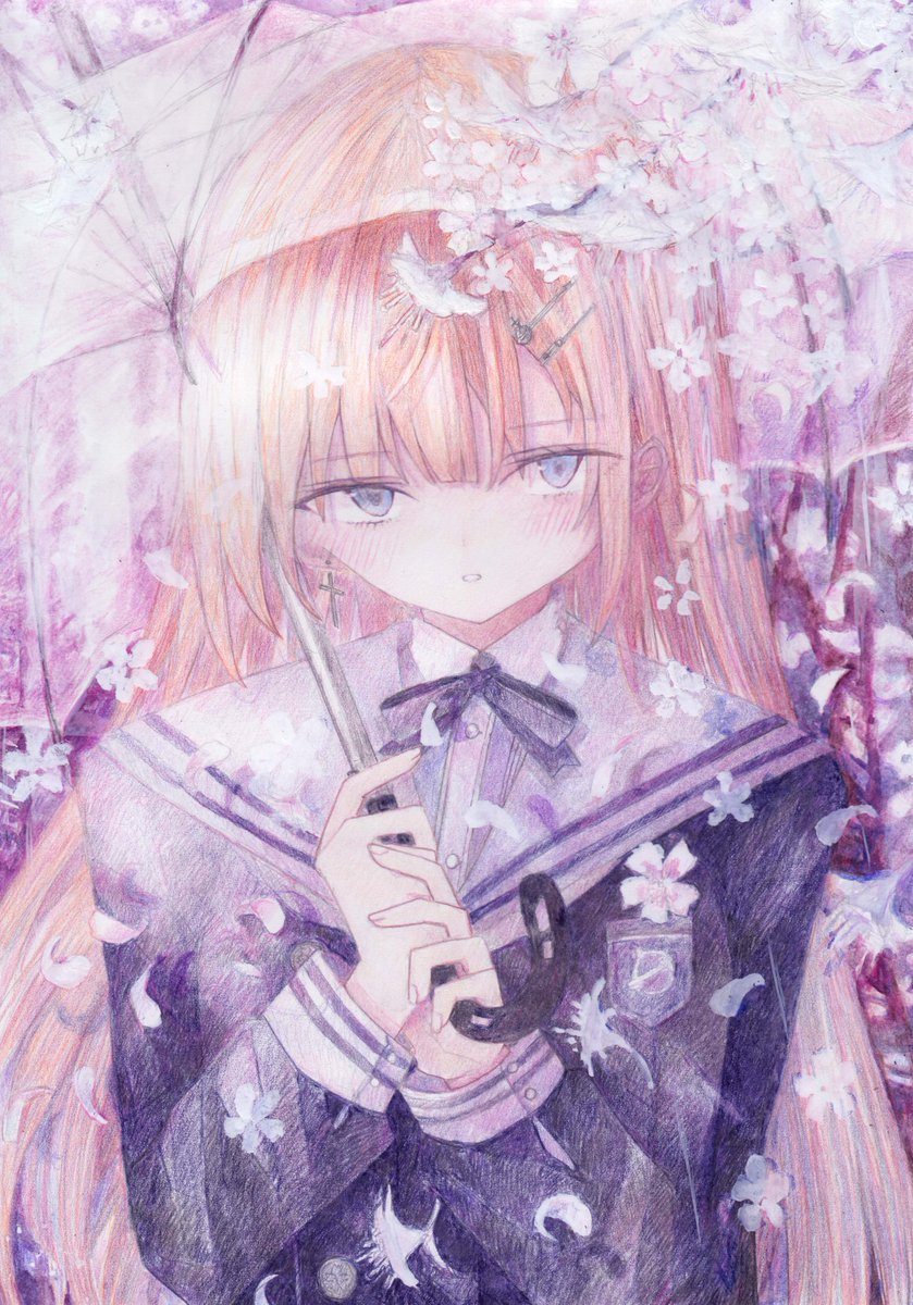 「桜流し #オリジナル #アナログ #色鉛筆 #透明水彩」|くろいうさぎのイラスト