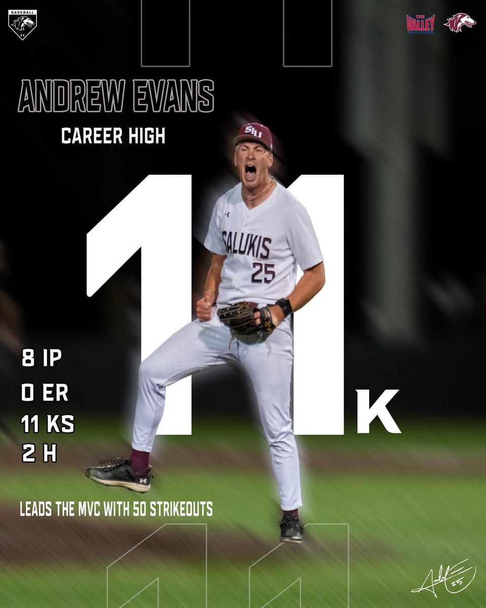 SIU_Baseball's tweet photo. 𝙒𝙚 𝙘𝙖𝙡𝙡 𝙝𝙞𝙢 𝙈𝙧. 𝙁𝙧𝙞𝙙𝙖𝙮 𝙉𝙞𝙜𝙝𝙩 🤠

@andrewce35 was DOMINANT in Friday’s win over Illinois State, racking up a career-high 11 strikeouts and allowing ZERO earned runs in eight innings! 

He currently leads the MVC with 50 strikeouts on the season 🔥

#Salukis | #DawgBall