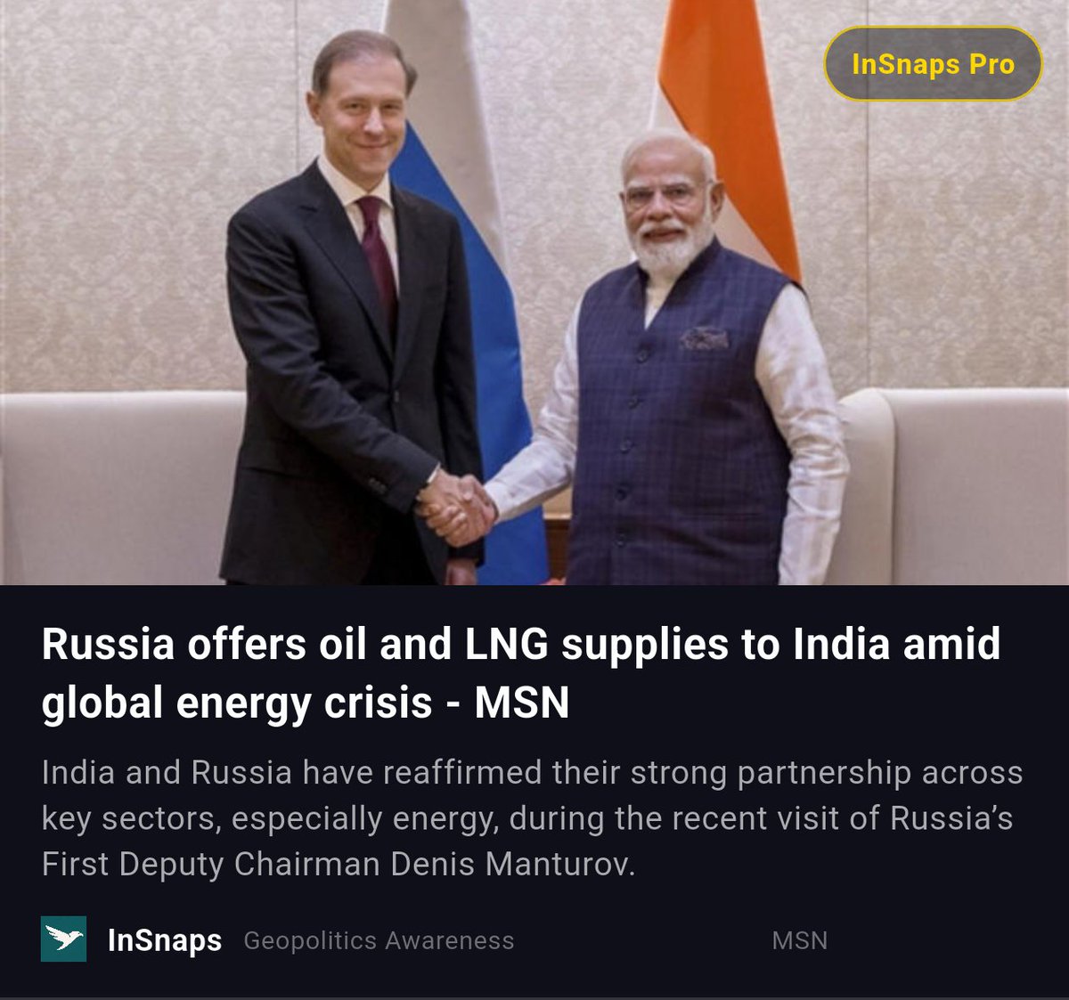 BuildWtPrakhar's tweet image. Russia offers oil and LNG supplies to India amid global energy crisis - MSN

Shared Via InSnaps App: credibletechnologies.in/a/L_9InpB4tm9A…

#Finance #Msn #Instability #Northern #Lng #India #Geopolitics