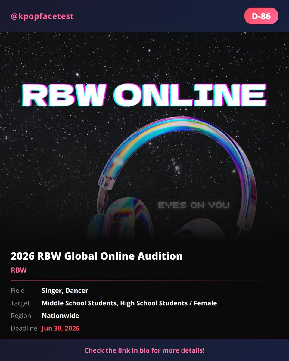 mun01180's tweet photo. 2026 RBW Global Online Audition
🏢 RBW
📅 Deadline: Jun 30, 2026
🔗 https://t.co/sevrRmDRdU

#kpop #kpopaudition #audition #kpoptrainee #idolaudition #rbw #kpopfacetest https://t.co/vh1BYdBVe9
