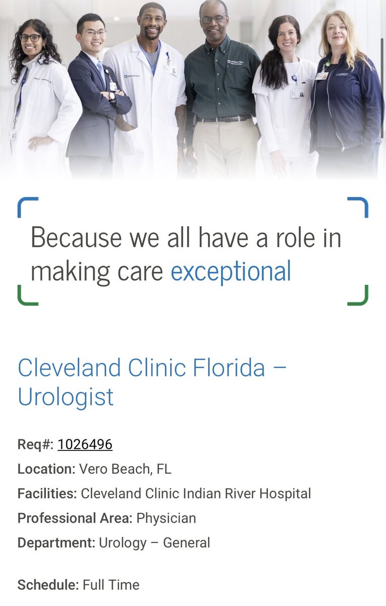 chadritchmd's tweet photo. Interested in moving to ☀️☀️Florida? @CleveClinicFL is hiring! Seeking a general/office/community uro in Weston, https://t.co/R5hjwzs7Sm as well as, someone with interest in building men’s health/sex med/prosthetics at Vero Beach https://t.co/fPaNmxfgSf DM me if interested! https://t.co/nPUpIG9Kb6
