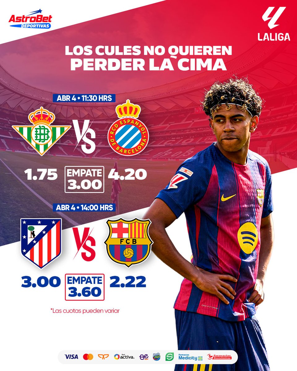 El Colchonero aprieta en casa y no regala nada… pero el #Barça llega con su fútbol y su jerarquía intacta. Dos estilos, dos formas… y un partido que promete. 🔥​

¿Quién se lo lleva? Pro-nos-ti-ca en Astrobet.ec 🐶​

#Astrobet #Ecuador