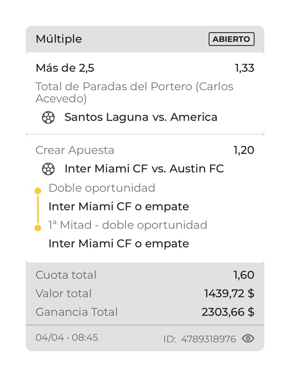JluisPROPS's tweet image. Jugada Liga Mx🇲🇽 + MLS🇺🇸 en Micasino.com

Vamos con esta combinada que en teoría es muy accesible, por un lado 3 atajadas de Acevedo vs un América que tira mucho de la mano de Brian, Zendejas y Veiga.

Por otro lado un Inter Miami que estrena estadio, tienen que