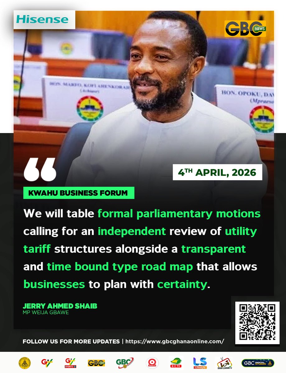 GTV_Ghana's tweet photo. Planning with certainty. 🤝⚡️
Hon. Jerry Ahmed Shaib pushes for an independent review of utility tariffs to support the private sector.
#GhanaPolitics #UtilityTariffs #KwahuBusinessForum2026 https://t.co/lab2obLuni