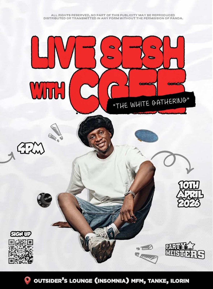 shittuone's tweet photo. Proudly celebrating one of our own 💫 
A Physics student taking his talent to the stage 🎶
Live Sesh with CEE – “The White Gathering”
🗓 10th April 2026
⏰ 4PM
📍 Outsider’s Lounge, Tanke, Ilorin
Kindly support and show love ......
ẹ jẹ́ ká support ọmọ wa ❤️🔥 @UnilorinNGR https://t.co/vfhFoFOdV7