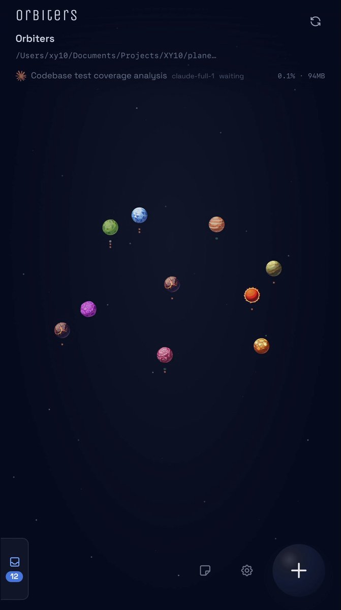 johnwebber's tweet photo. Doesn’t have to look like an IDE :) this is mine. Each planet is a project. The agents orbit the planet while working and pause when waiting. Runs on my Mac mini and I access it on web browser via tailscale so I can use it from anywhere. Agents are just streamed tmux windows so I have full CLI experience on any device