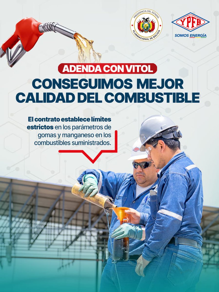 YPFB_corp's tweet image. ¡Conseguimos mejor combustible para el país! 🇧🇴

Firmamos la adenda al contrato con Vitol que eleva los estándares de calidad de los combustibles suministrados.

#CombustibleDeCalidad
#TrancaCero
#YPFB