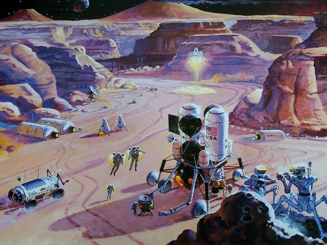 LaocoonofTroy's tweet image. "Another Busy Day on Mars," by space and futurist art icon, Robert McCall, 1991.