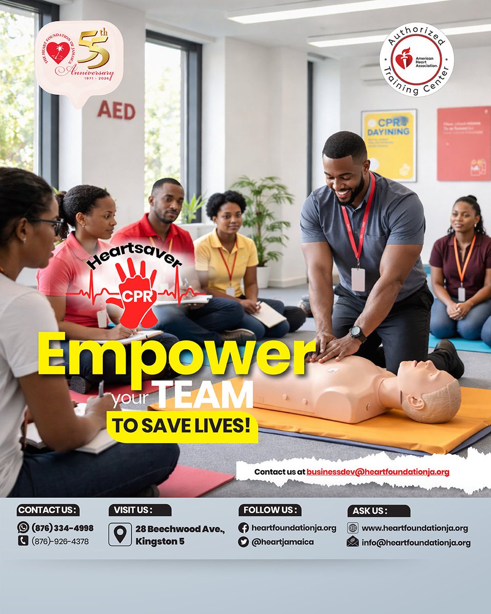 heartjamaica's tweet image. Train your staff in life-saving CPR at HFJ. Contact businessdev@heartfoundationja.org to book now.

#CPRTraining #LifeSavingSkills #HFJ
