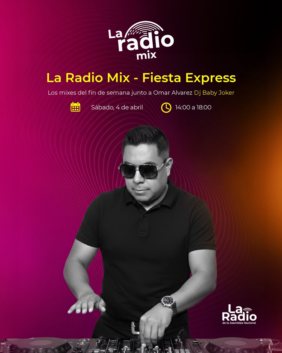 LaRadioAsamblea's tweet photo. La Radio Mix - Fiesta Express
🔥 Este sábado enciende tu fin de semana con la mejor música junto a Omar Alvarez.
#LaRadioMix #FiestaExpress #FinDeSemana https://t.co/OY6exxByXY