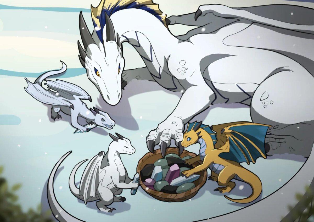 Made by <a href="/Darcy/">Darcy Clarke</a> (Discord)
Featuring: <a href="/Amendelwyr/">Amendelwyr</a> and her daughters Emelyn, Safiiri, and Lumi

Read the story on my galleries!
furaffinity.net/user/amendelwyr
deviantart.com/amendelwyr

#Amendelwyr #dragon #feral #illustration #dragoness #snow #crystals #hoard #mother #daughter #lore #story