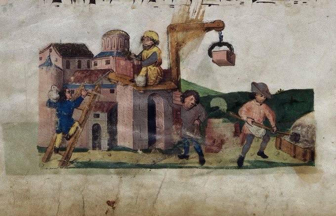 red_loeb's tweet image. The sons of Israel as slaves of Pharaoh 
#Passover  
BL Add MS 14762; the 'Ashkenazi Hagadah'; 1430-1470 CE; f.7r @BLAsia_Africa @BL_HebrewMSS