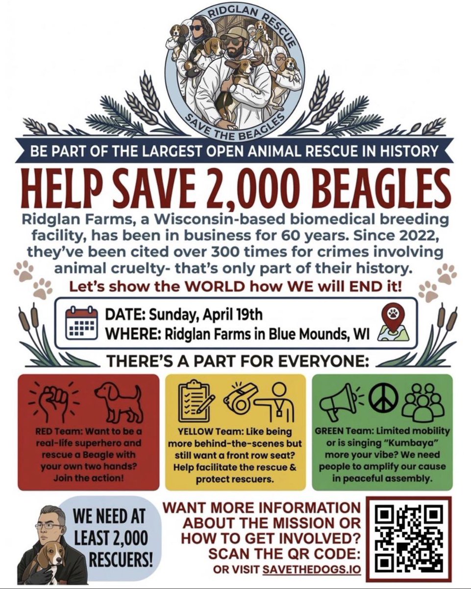 An open rescue is taking place at Ridglan Farms In Wisconsin April 19th help us save 2000 Beagles from cruel conditions! savethedogs.io

#SaveTheBeagles
#RidglanBeagles
#EndAnimalTesting
#AnimalRights
#BeTheirVoice