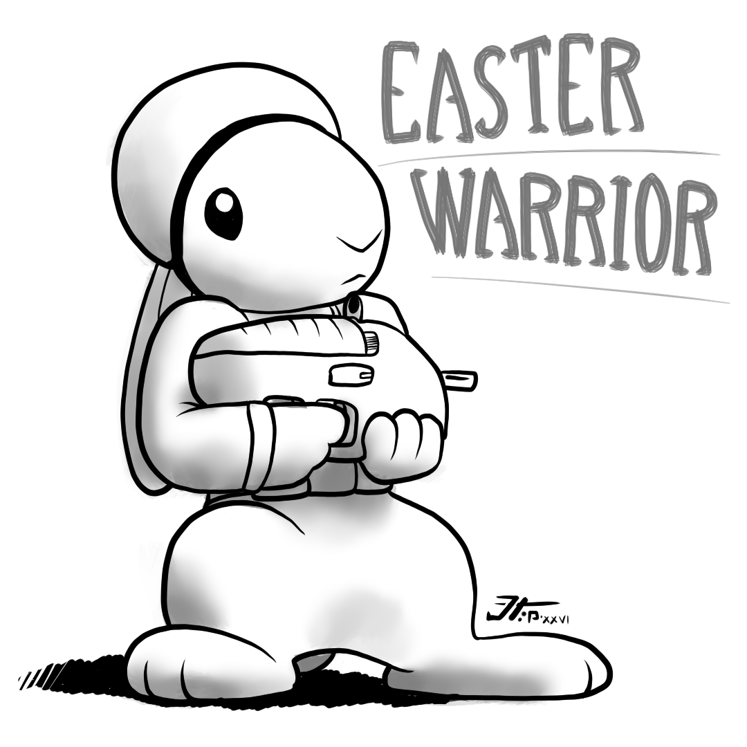 I was told to draw a rabbit with an egg, like for Easter, and ended up drawing a rabbit soldier with egg-themed gun and gear lol