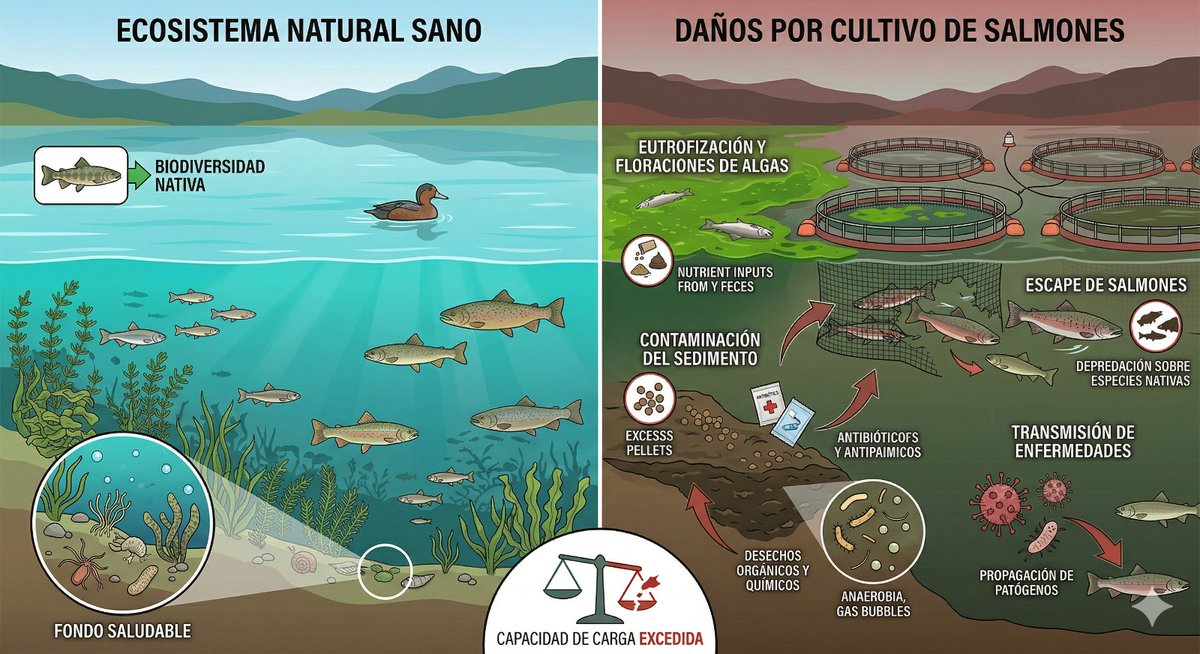 La ciencia ha demostrado que el cultivo de salmones produce daños al Ecosistema: Eutrofización, floraciones de microalgas, desechos ogánicos [sedimento], transmisión de enfermedades y aporte de antibióticos a otras especies.
#LagoLlanquihue Frutillar #PuertoVaras #PuertoMontt