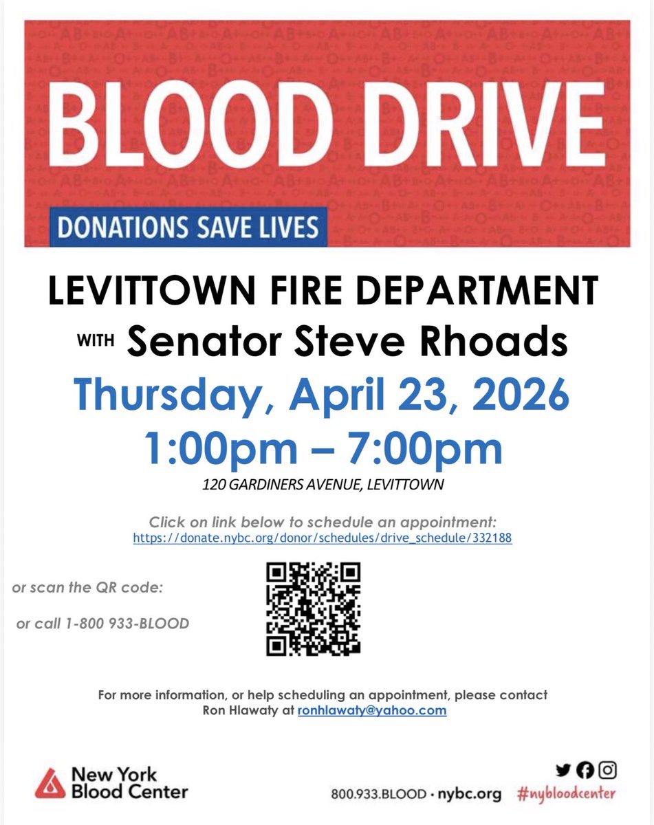 SenatorRhoads's tweet image. Proud to team up with the Levittown Fire Department for a Blood Drive to help make a difference in our community. 🩸

📅 Schedule your appointment today 👇 
donate.nybc.org/donor/schedule…

#GiveBack #DonateBlood #LevittownStrong