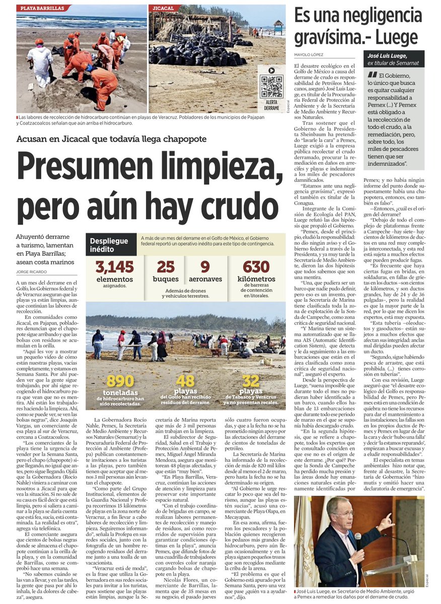 🛢️ PRESUMEN LIMPIEZA, PERO AÚN HAY CRUDO EN COSTAS

A más de un mes del derrame en el Golfo de México, comunidades denuncian que sigue llegando chapopote a playas de Veracruz.

Aunque autoridades reportan avances, expertos advierten que el daño ambiental persiste.
<a href="/Reforma/">REFORMA</a>