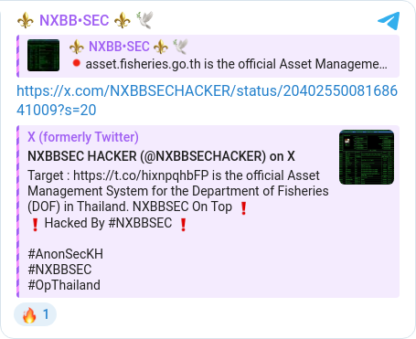 ThreatviewioLab's tweet photo. 🚨 DEFACEMENT ALERT 🚨
Group: ⚜️ NXBB•SEC ⚜️ 🕊
Targets:
• https://t.co/GriDMuOCjR

#threatintel #defacement #thailand https://t.co/dw7luPTXji