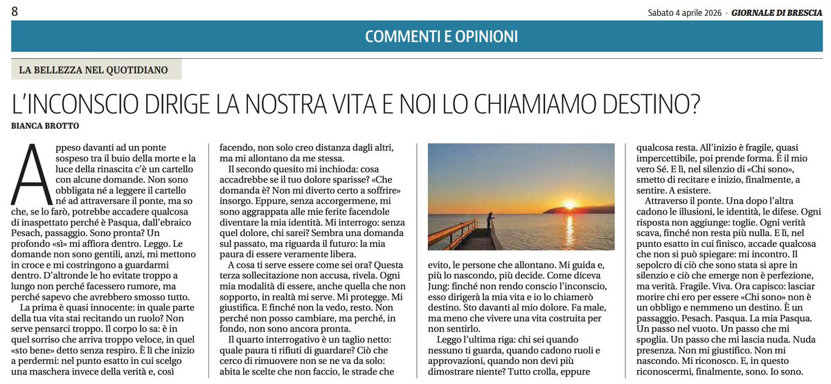 BiancaBrotto's tweet photo. L'inconscio dirige la nostra vita e noi lo chiamiamo destino?
Giornale di Brescia, 4 aprile 2026
https://t.co/ydGdI9VJuN https://t.co/ZtjyxfySeP