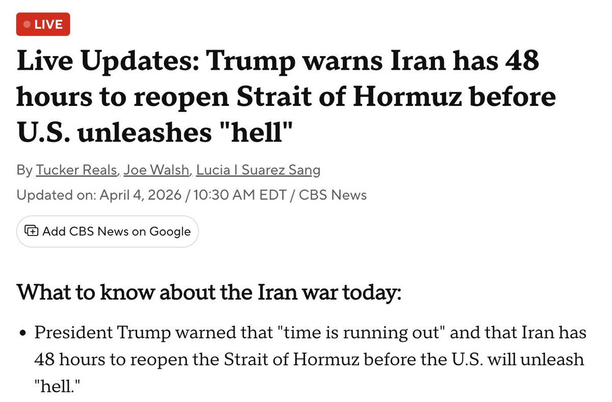 jontraderlar's tweet photo. Trump, İran’a Hürmüz Boğazı’nı 48 saat içinde açmasını söyledi. Aksi halde cehennemi yaşatacağını ima etti.

2 Nisan’da Adalet Bakanı Pam Bondi ve İç Güvenlik Bakanı Kristi Noem görevden alındı. Ayrıca Trump daha geniş bir kabine değişikliğini de değerlendiriyor. Bu tabloya bakınca, ABD adına geri adım değil, daha sert bir hazırlığı görüyoruz. Kara operasyonu ve daha büyük bir #petrol krizi görmemiz mümkün duruyor.