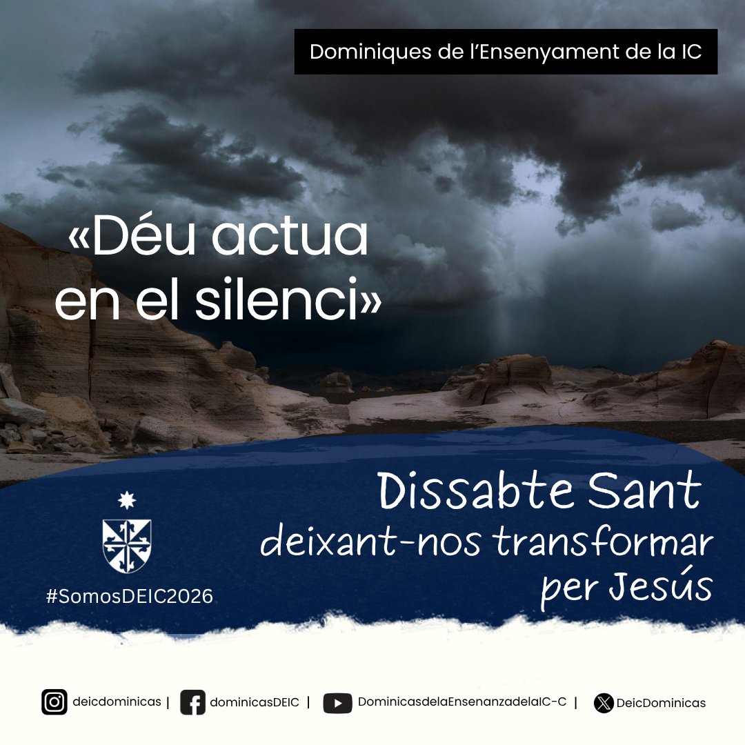 DEICTarragona's tweet photo. SETMANA SANTA 2026 | Deixant-nos transformar per Jesús 
🌑 DISSABTE SANT
🌑 Déu també parla en el silenci.
Res passa…
...però tot està en camí.
Avui és el dia del silenci fecund. 
👉 Aprèn a esperar. Seguim amb la confiança intacta.
#dominiquesdelaensenyament #comunitatsdeic https://t.co/NOaGCbm5s9